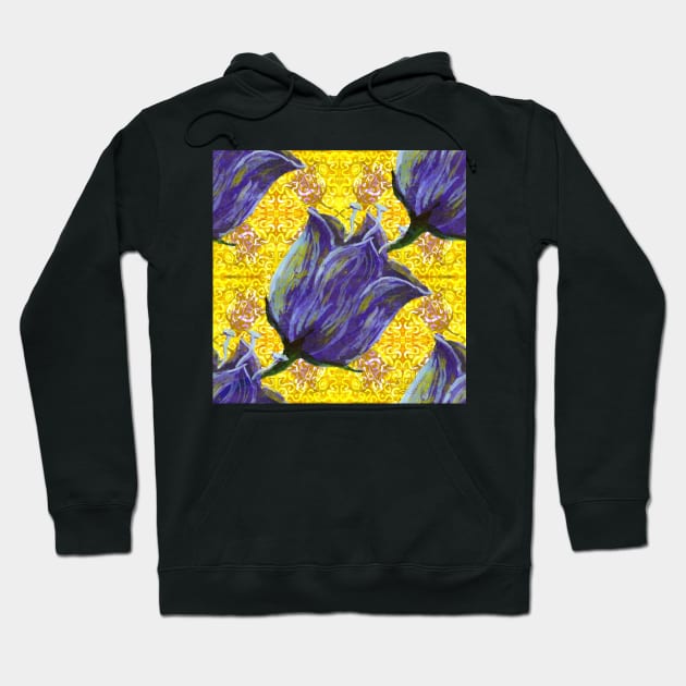 purple tulip on yellow with swirls and dots pattern Hoodie by DlmtleArt